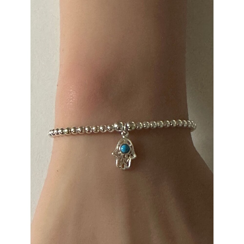 925 Sterling Silver Beaded Stretch Stacking Bracelet Hamsa Charm Minimalist S7"